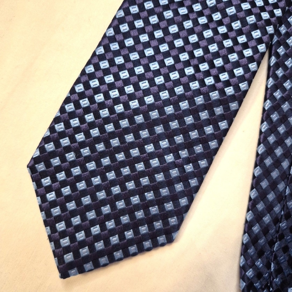 IKE Behar Seven Fold Mens Tie Blue Purple Diamond Check Silk USA 7 Fold Necktie - Picture 5 of 7